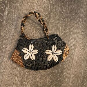 Mido Black Wood & White Shell Beaded Clutch